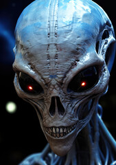 Intergalactic Gaze: A Poster Depicting a Grey Alien Looking into the Camera, Unveiling the Mysteries of Extraterrestrial Existence, Crafted by Generative AI