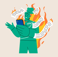 Woman reading bad news, negative information in internet. Doomscrolling concept. Colorful vector illustration