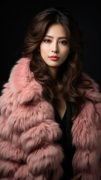 modern young Korean woman in a faux teddy fur coat