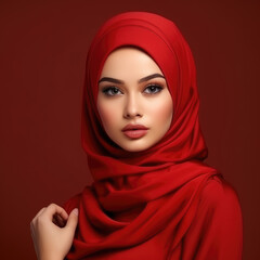 Naklejka premium beautiful women wearing red hijab on vivid color background