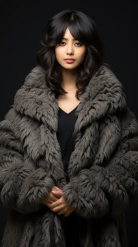modern young Korean woman in a faux teddy fur coat