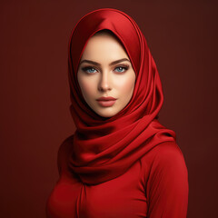 Naklejka premium beautiful women wearing red hijab on vivid color background