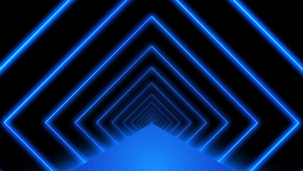 Abstract square futuristic tunnel background with neon glowing blue lines
