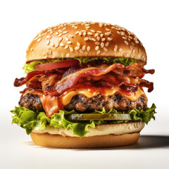 Photo studio of a bacon burger isolated on a white background