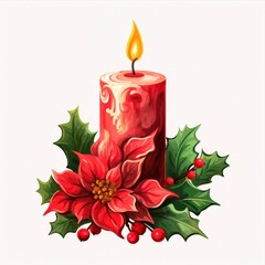 Christmas candle with brunch and donuts. Isolated on white background with shadow reflection. Xmas candle with twig and donuts. Christmas motive with spruce twig, donuts and burning candle.