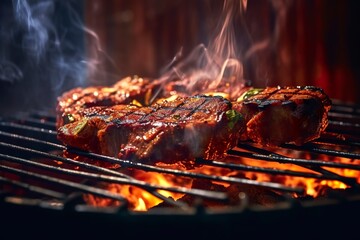Meat grilling on a charcoal grill with smoke rising.. - obrazy, fototapety, plakaty
