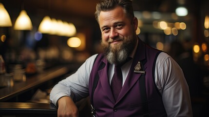 Obraz premium A plus-size stylish man with a distinguished beard and a vibrant purple vest