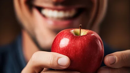 Deurstickers smiling man holding an apple © Yi_Studio