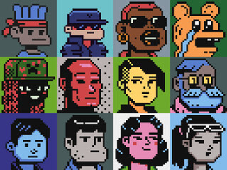 People man and woman character set pixel art flat style, girl, guy, avatar, portrait, profile picture. Design of 80s. Game assets. 8-bit. Isolated vector illustration background.