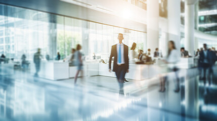 Business people walking in office, blurry working space with defocused effect, blurred motion business background. Generative Ai.