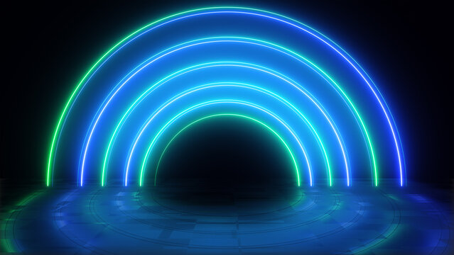 3D render, Abstract neon circle background with glowing blue and green lines. Futuristic technology concept