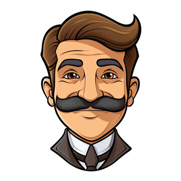 Cartoon Face of Mature Man with Mustache, Vintage Style Isolated Illustration
