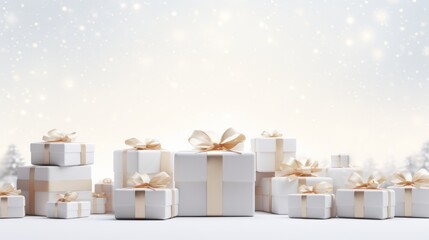 White with golden Christmas gift boxes. Minimalistic festive background, horizontal web banner with copy space. A cardboard box with a surprise inside with a satin ribbon and a bow. Generative AI.