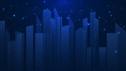 Smart city concept with connecting dots and lines. Network connection, global business, modern city and communication technology background.