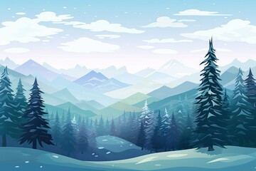 winter forest snow slope backgrounds, landscapes, simplistic cartoon, mountainous vistas