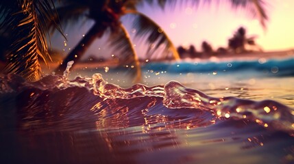 Beach with waves and coconut trees at sunset.