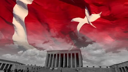 10 kasim or 10th november memorial day of Ataturk concept 4k video. Anitkabir and waving Turkish flag.