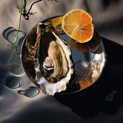 Advertisement image, close up a fresh oyster dish, Light ang shadow play