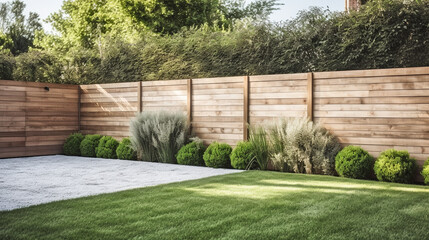 wooden fence in backard with green lawn and plants, minimalist garden design