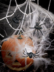 Carved pumpkin for Halloween with white spider web with black spiders, with candlelight
