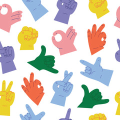 Cartoon hands seamless pattern abstract drawn comic. Set of Hand color different signs, gestures and symbols. Palm and fingers. Modern flat style. Vector illustration isolated on background