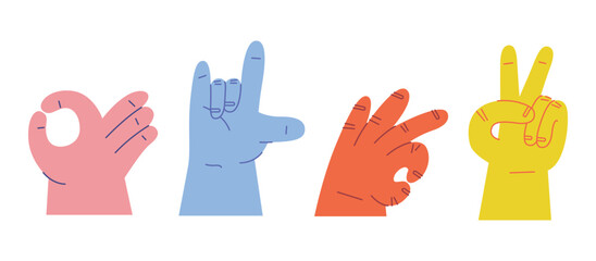 Cartoon hands abstract drawn comic. Set of Hand color different signs, gestures and symbols. Palm and fingers. Modern flat style. Vector illustration isolated on background