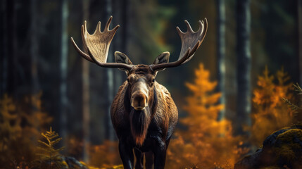 Alces alces shirasi, Moose, Elk is standing in dry grass, in typical autumn environment. - obrazy, fototapety, plakaty