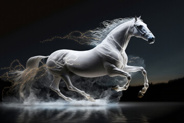 Watercolour abstract horse painting of a white equine animal running which could be used as a poster or flyer, computer Generative AI stock illustration image - obrazy, fototapety, plakaty