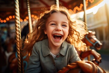 Happy young girl enjoy while playing on a colorful carousel, having fun at an amusement park. Children day. - obrazy, fototapety, plakaty