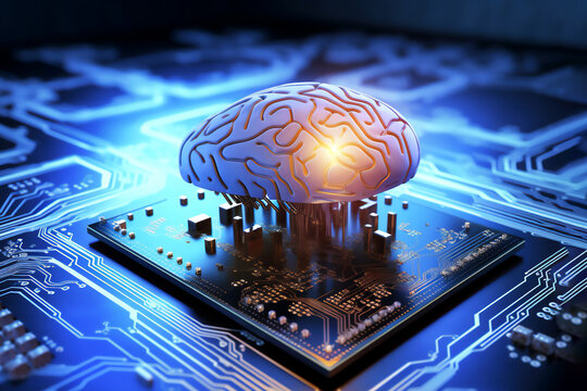 Intelligent thinking showing the concept of a neural brain network of a semiconductor processor printed circuit of big data and artificial intelligence, computer Generative AI stock illustration image
