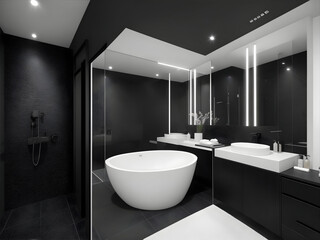 Fototapeta na wymiar Modern bathroom in black theme with a large mirror on the wall and white LED lights illuminating the bathroom. Generative AI.