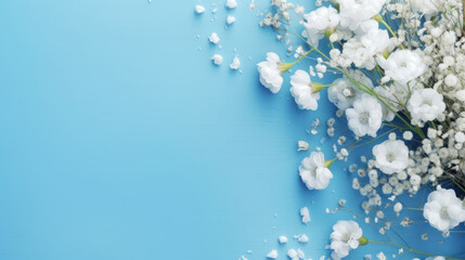 White flowers on blue background, top view