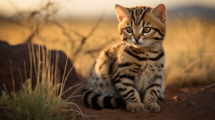 Black-footed cat Felis nigripes is the smallest cat found in Africa. - obrazy, fototapety, plakaty