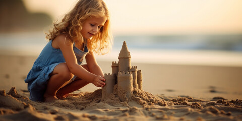 Little girl playing with a simple sandcastle on a beach - obrazy, fototapety, plakaty