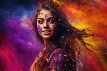 Happy young Indian woman celebrating Holi festival with splash of colors