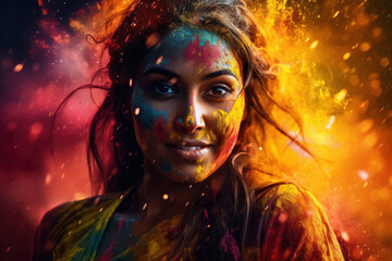 Happy young Indian woman celebrating Holi festival with splash of colors