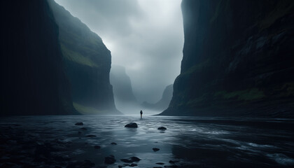 In the heart of a misty fjord, a solitary hiker stands, dwarfed by towering cliffs, offering a poignant reflection on humanity's smallness amidst the vastness of nature - obrazy, fototapety, plakaty