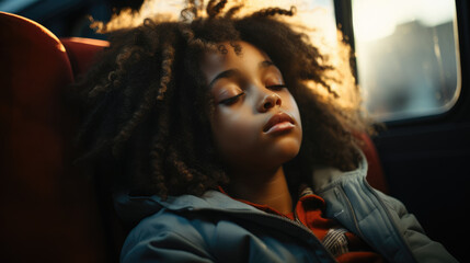 4 year old of a girl, sleeping on subway train