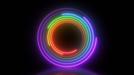 3d render, abstract colorful neon glowing circle on black background.