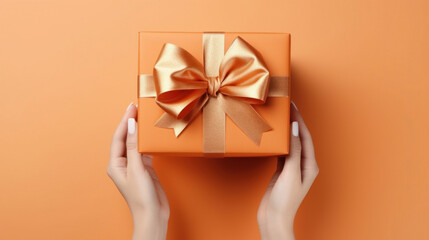 A woman's hands hold an orange gift box with a bow and ribbons on a colorful background
