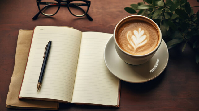 A cup of coffee with a notepad, pen and glasses on the table.