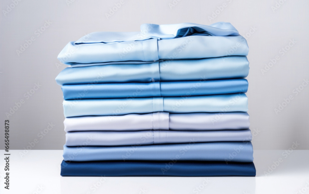 Poster folded clothes in stacks of various simple blue placed on a table on a light background