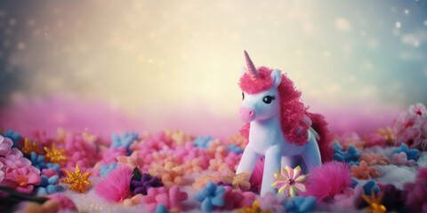 Plush pink unicorn on pastel background with clouds