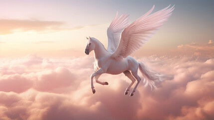 A pink pegasus with sore wings flies above the clouds in the sky - obrazy, fototapety, plakaty