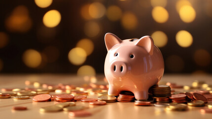 Piggy bank with coins scattered on table