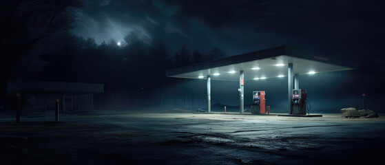 Horizontal shot of a generic unbranded gas station at night.