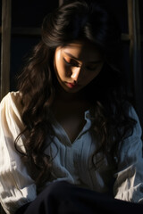 Fototapeta premium A depressed Asian young woman stood in the darkness with his head in his hands 