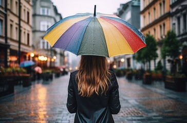 Girl walks in rain in gray city, carrying rainbow umbrella. View from back