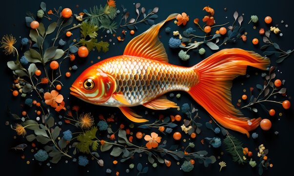 Golden fish in the water surrounded by flowers and leaves, AI