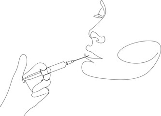 Continuous line drawing of beauty shot in lips. Gloved hand holding syringe for lip botox injection contour illustration. Beauty procedure concept.